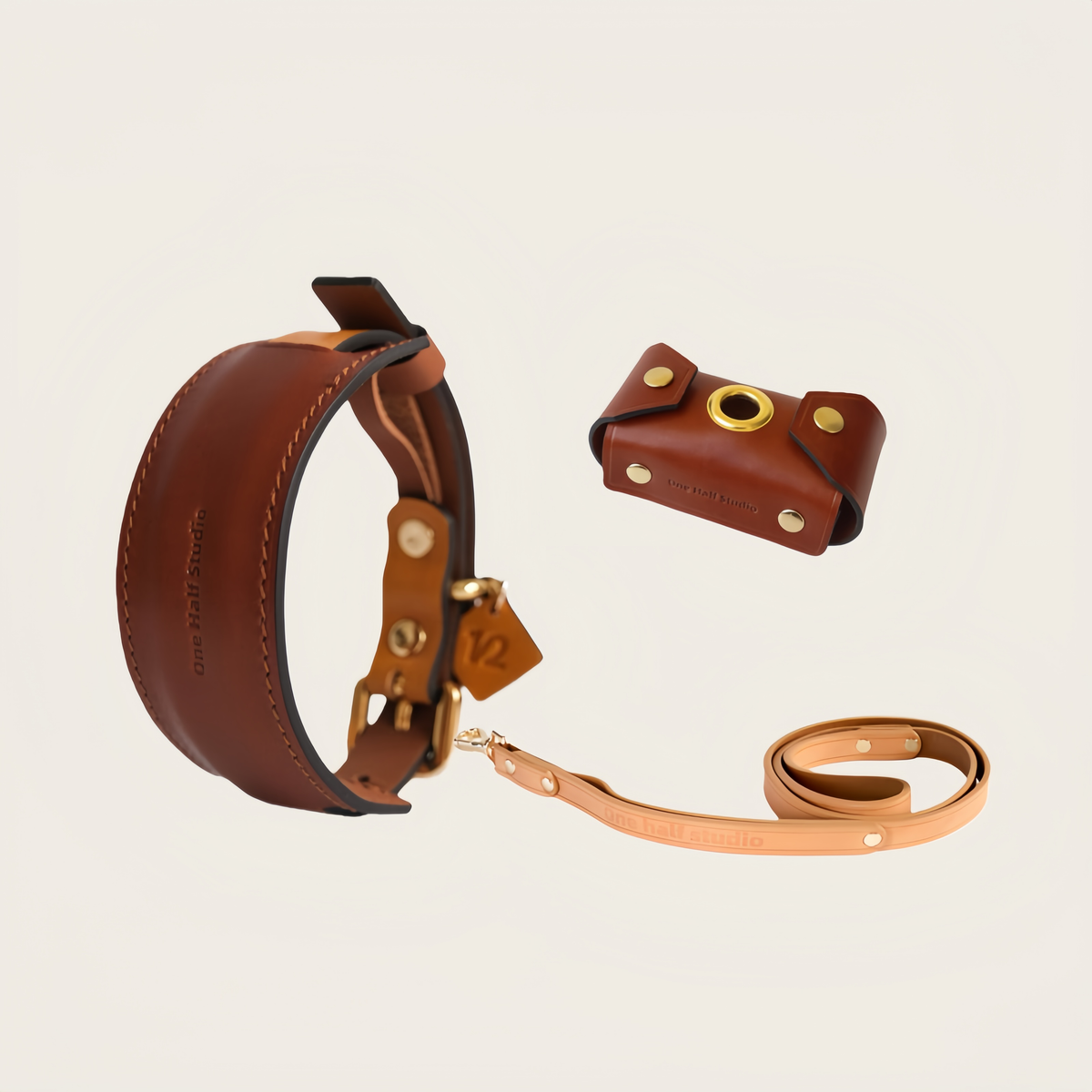 SPLITZ WALKING SET | Mocha | Handcrafted Premium Leather Collar + Leash + Waste Bag Holder